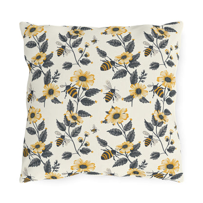 Buzzing Blossoms Square Outdoor Pillow - Spun Polyester - Double-Sided Print - UV-Resistant - Water-Resistant - Available in 3 sizes.