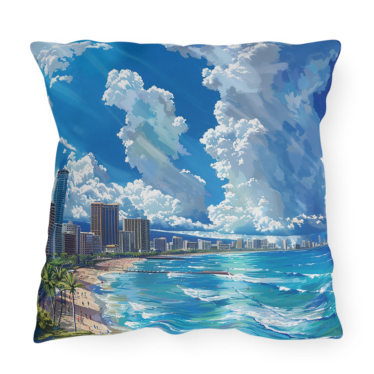 Waikiki Beach Square Outdoor Pillow - Spun Polyester - Double-Sided Print - UV-Resistant - Water-Resistant - Available in 3 sizes.