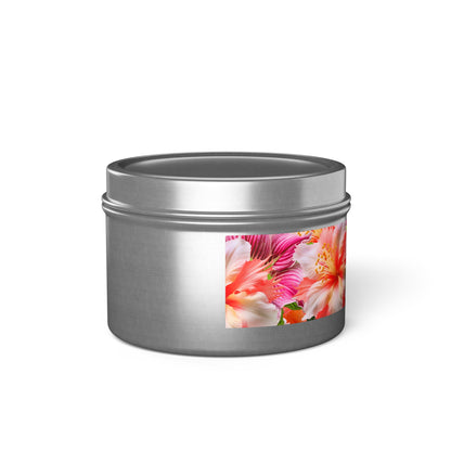 Tropical Hibiscus Bloom Tin Candle. Breathe in Paradise - Where Every Flame Dances with Floral Harmony. Available in 2 sizes, 3 finishes, and 5 scents.