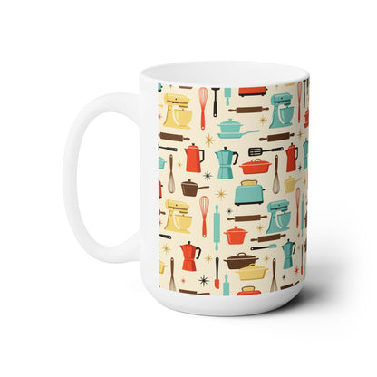 Midcentury Kitchen Tools Ceramic Mug - 15 oz - Art on Every Side, Morning Approved.