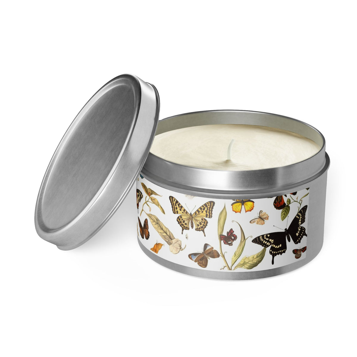 Botanical Butterflies Tin Candle. Flutter into Serenity with Botanical Butterflies. Available in 2 sizes, 3 finishes, and 5 scents.