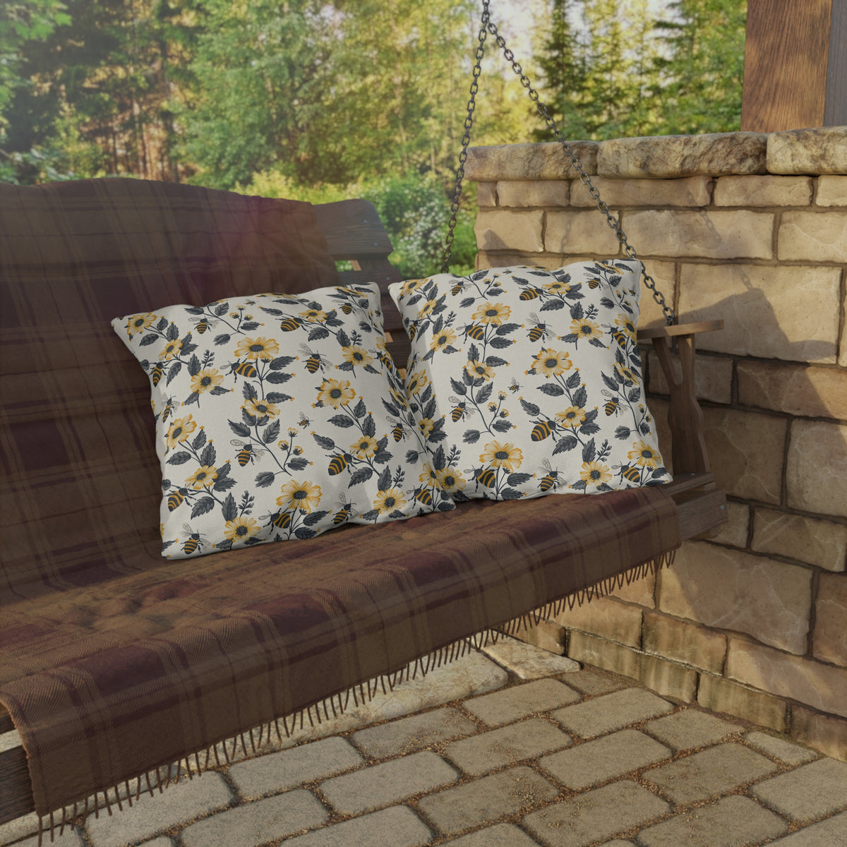 Buzzing Blossoms Square Outdoor Pillow - Spun Polyester - Double-Sided Print - UV-Resistant - Water-Resistant - Available in 3 sizes.