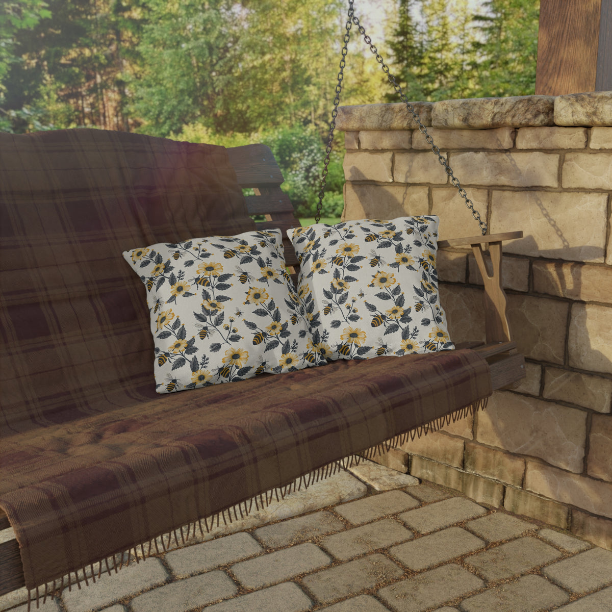 Buzzing Blossoms Square Outdoor Pillow - Spun Polyester - Double-Sided Print - UV-Resistant - Water-Resistant - Available in 3 sizes.