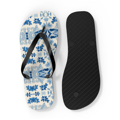 Blue Spanish Tile Flip Flops. 5/8" Thick Comfortable Summer or Winter Gym/Sauna Footwear for Men and Women.