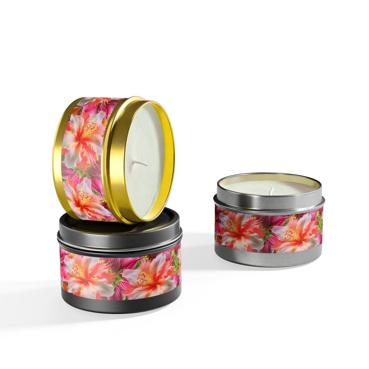 Tropical Hibiscus Bloom Tin Candle. Breathe in Paradise - Where Every Flame Dances with Floral Harmony. Available in 2 sizes, 3 finishes, and 5 scents.