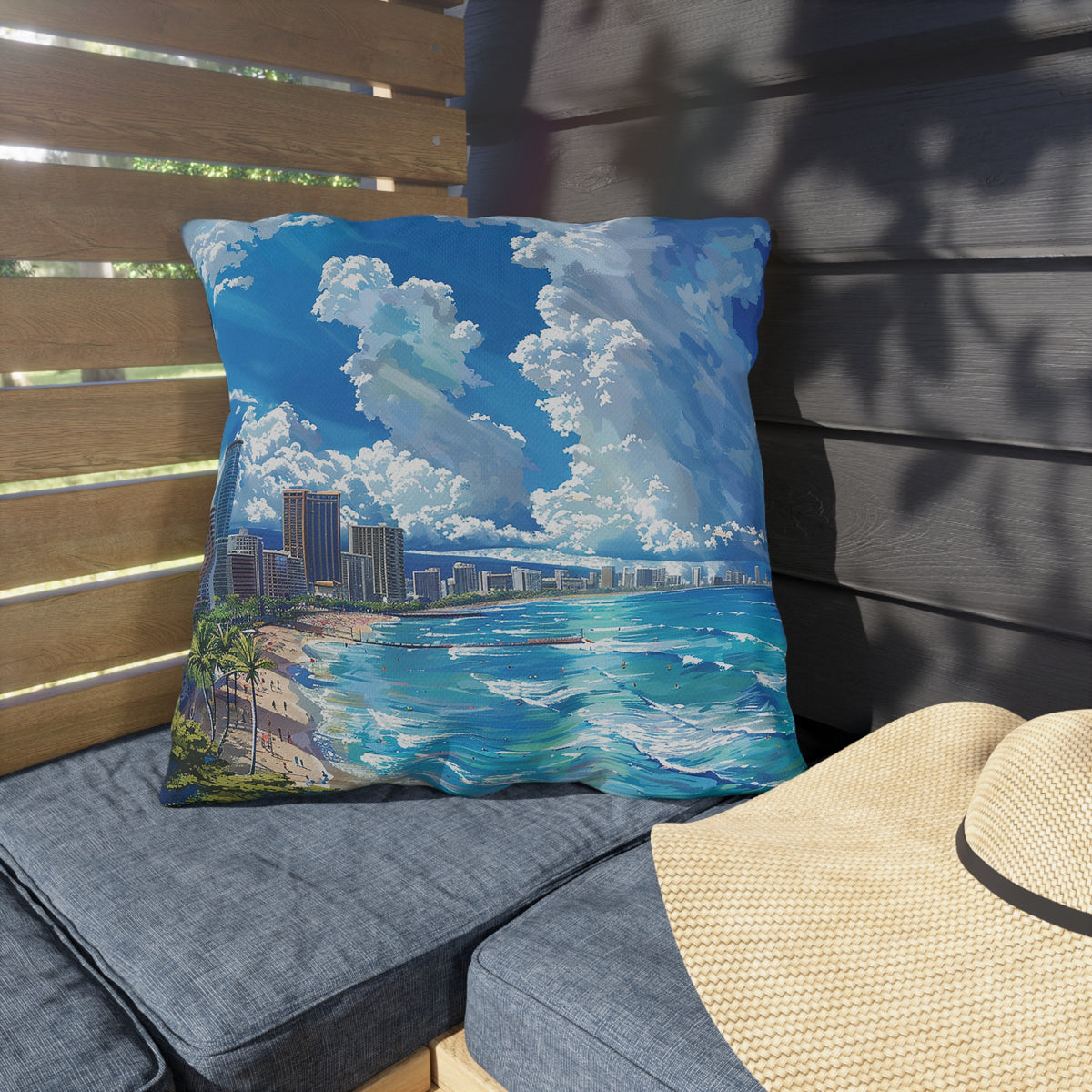 Waikiki Beach Square Outdoor Pillow - Spun Polyester - Double-Sided Print - UV-Resistant - Water-Resistant - Available in 3 sizes.