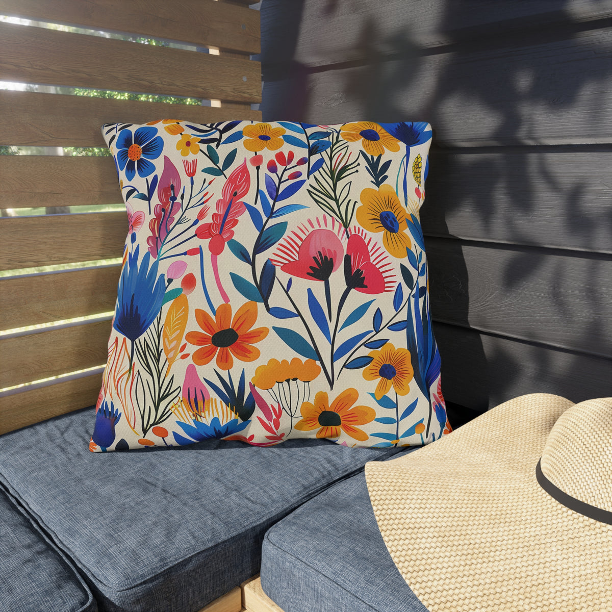 Happy Heartfelt Blooms Square Outdoor Pillow - Spun Polyester - Double-Sided Print - UV-Resistant - Water-Resistant - Available in 3 sizes.