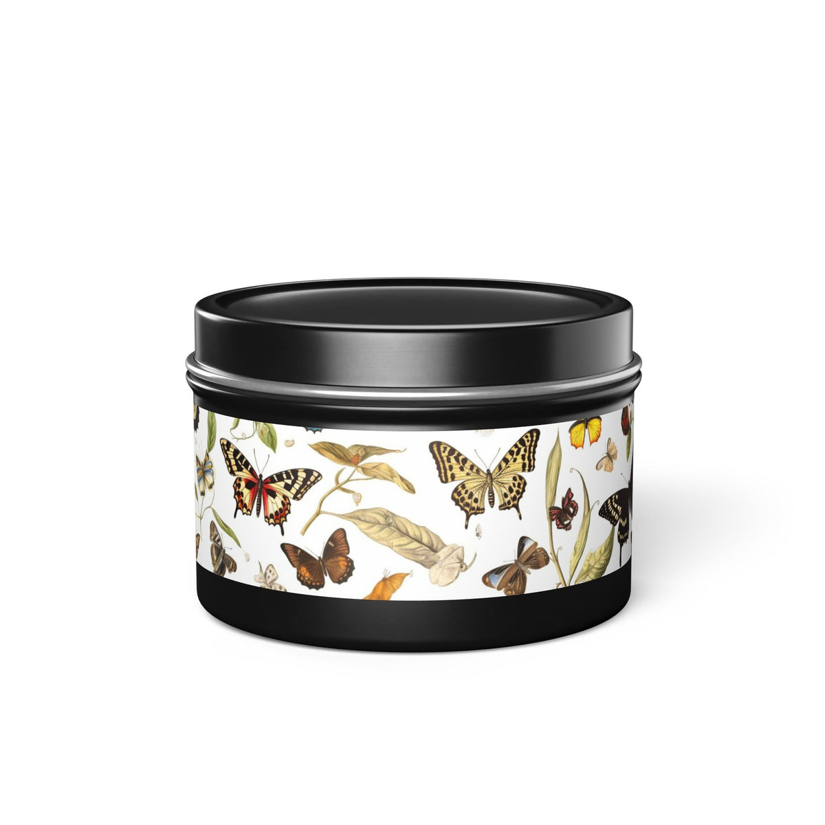 Botanical Butterflies Tin Candle. Flutter into Serenity with Botanical Butterflies. Available in 2 sizes, 3 finishes, and 5 scents.