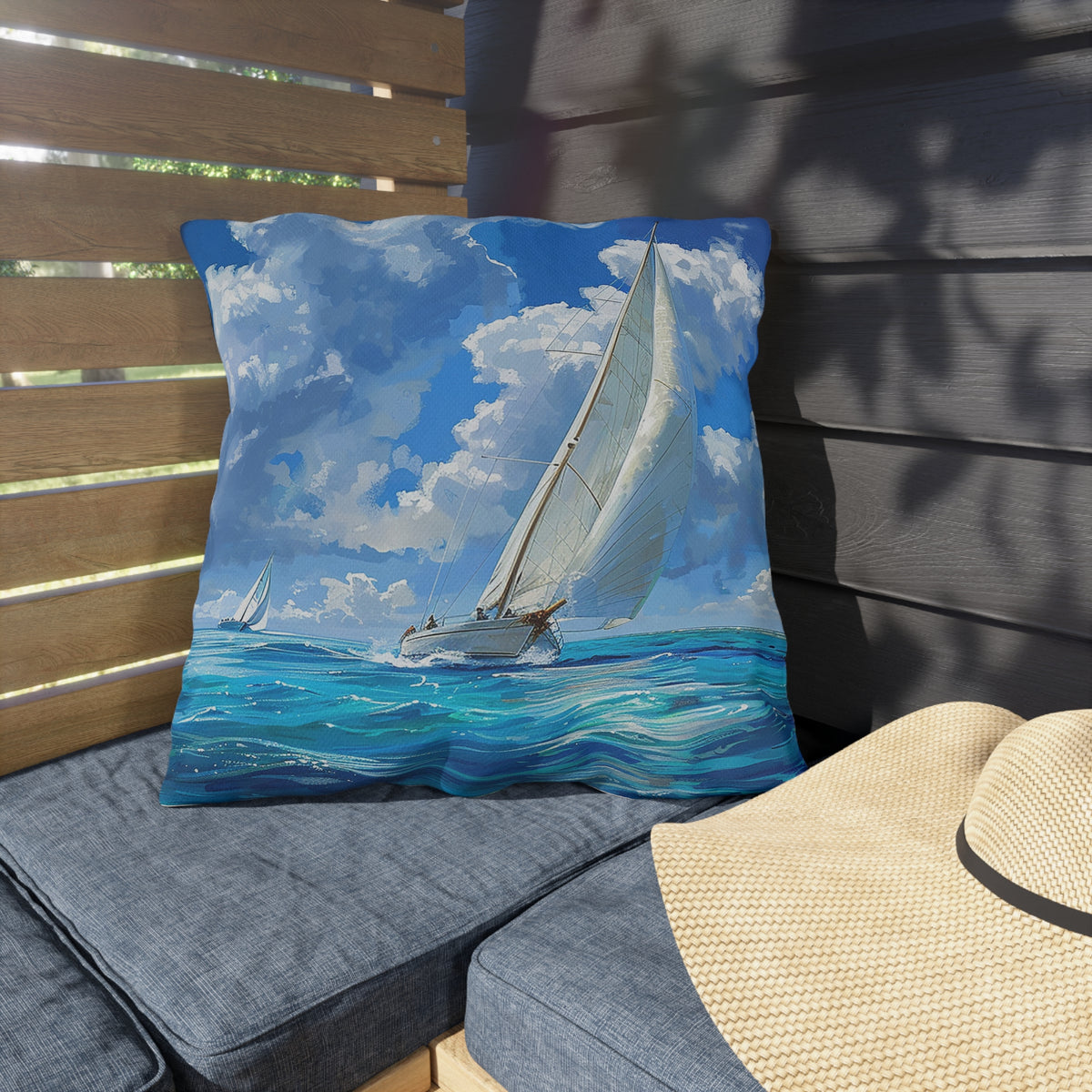 Ocean Breeze Sailing Square Outdoor Pillow - Spun Polyester - Double-Sided Print - UV-Resistant - Water-Resistant - Available in 3 sizes.