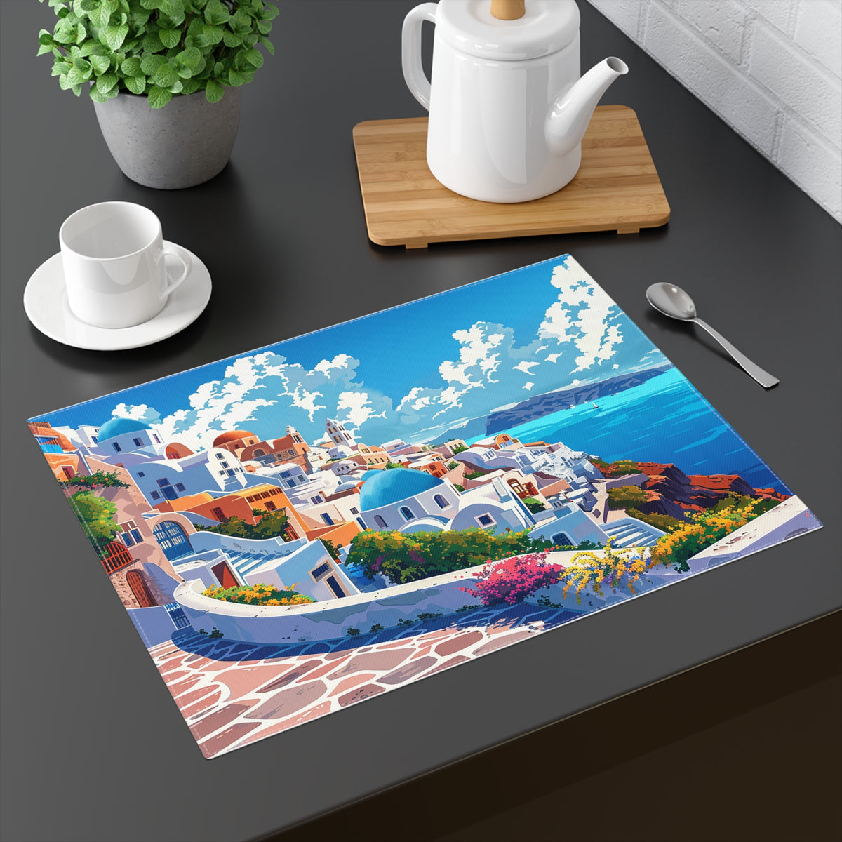 Santorini Serenity Placemat - Dine Amidst the Dreamscapes of Santorini—Serenity on Every Plate! Cotton Twill - 18" x 14"