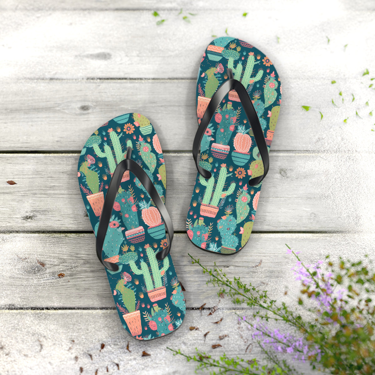 Cactus Cacophany Flip Flops. 5/8" Thick Comfortable Summer or Winter Gym/Sauna Footwear for Men and Women. Bring Fun Cactus-inspired Artwork into Your Life!
