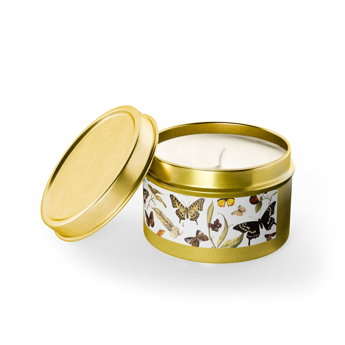 Botanical Butterflies Tin Candle. Flutter into Serenity with Botanical Butterflies. Available in 2 sizes, 3 finishes, and 5 scents.