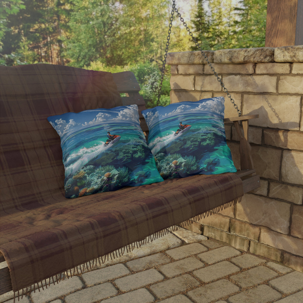 Jet Ski Tropical Paradise Square Outdoor Pillow - Spun Polyester - Double-Sided Print - UV Resistant - Water Resistant - Available in 3 sizes.