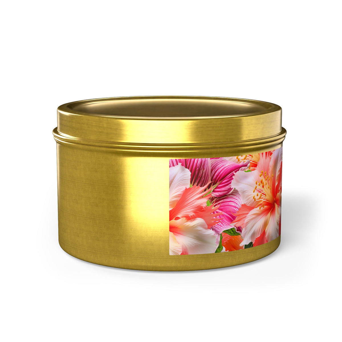 Tropical Hibiscus Bloom Tin Candle. Breathe in Paradise - Where Every Flame Dances with Floral Harmony. Available in 2 sizes, 3 finishes, and 5 scents.
