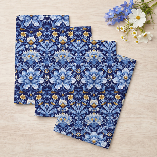 British Heritage Floral dinner napkins, set of four, elongated fold fanned on pale oak with a posy of blue and white flowers