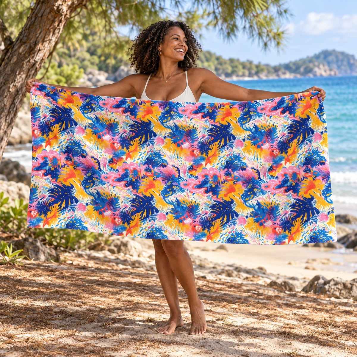 Splatter Blossom beach towel, shown with an adult in a summer setting.