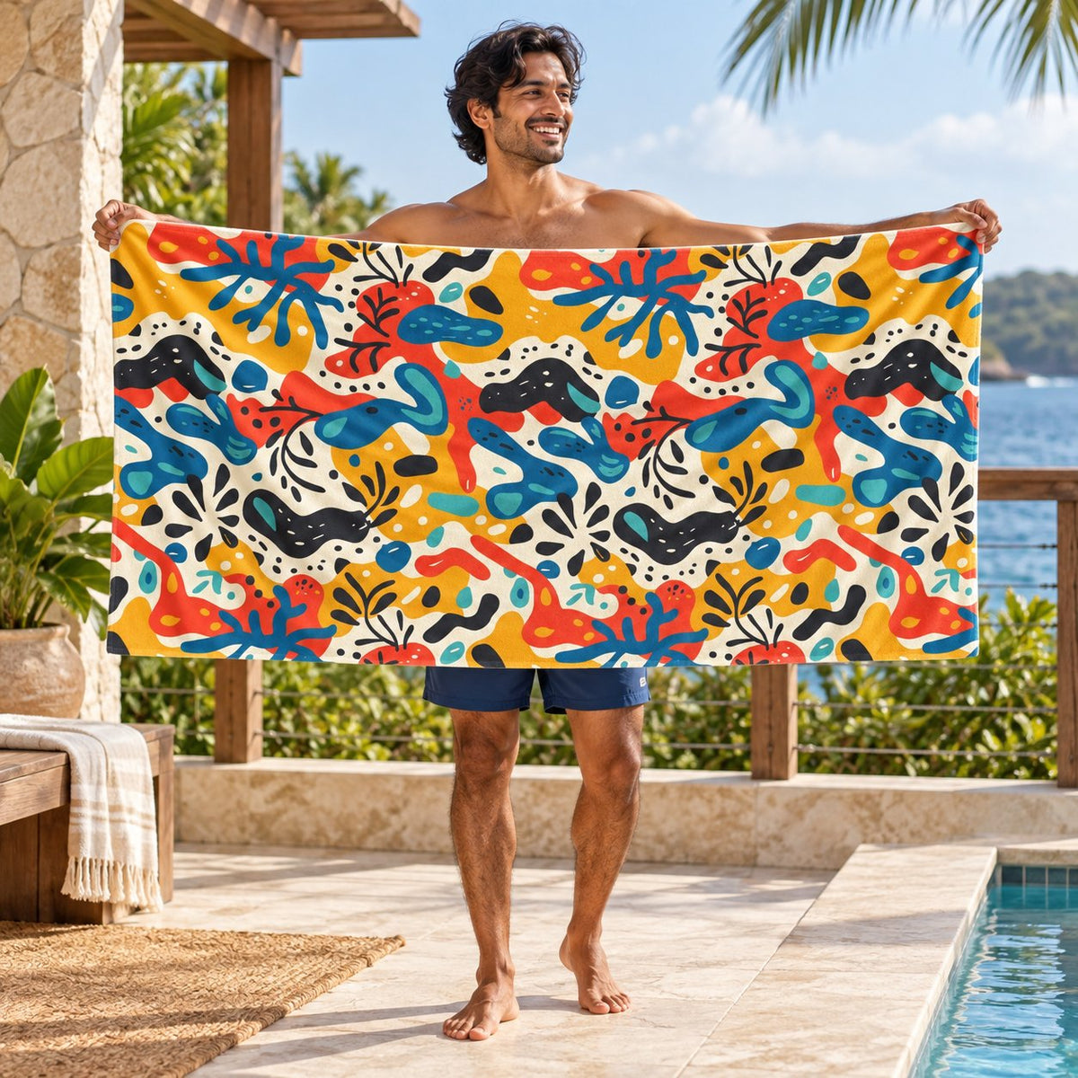 Spice of Life beach towel, shown with an adult in a summer setting.
