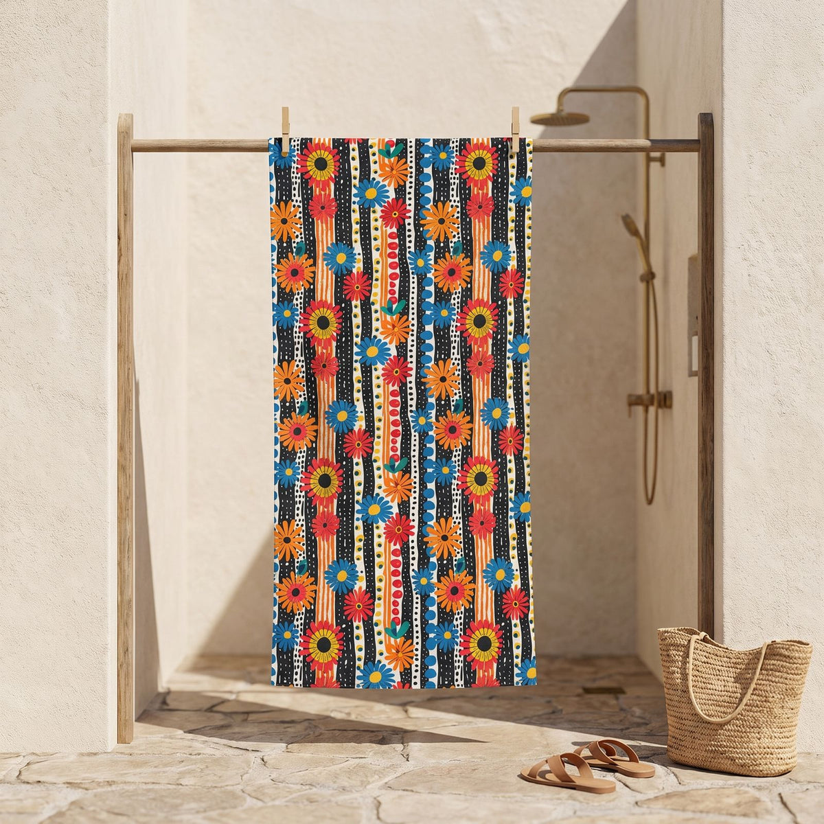 Striped Daisy Play beach towel, displayed in a summer setting.