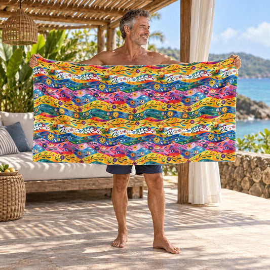 Floral Rhythms beach towel, shown with an adult in a summer setting.