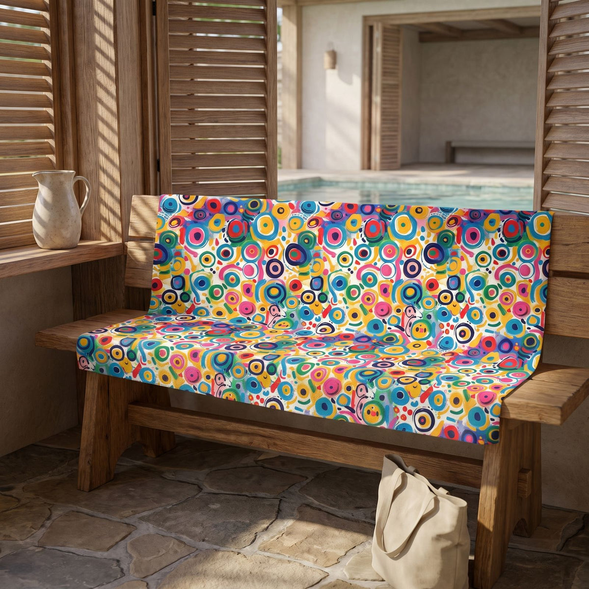 Pop Art Swirls beach towel, displayed in a summer setting.
