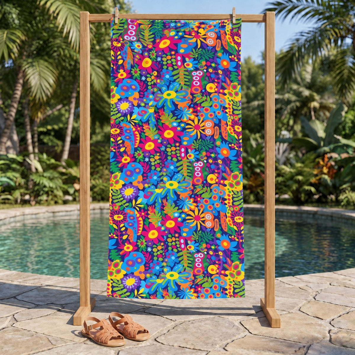 Groovy Garden beach towel, displayed in a summer setting.