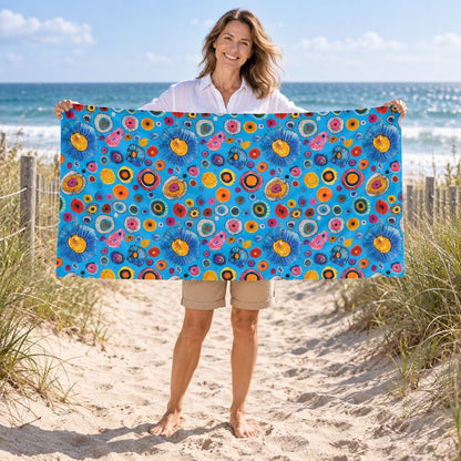 Primordial Sea Life beach towel, shown with an adult in a summer setting.