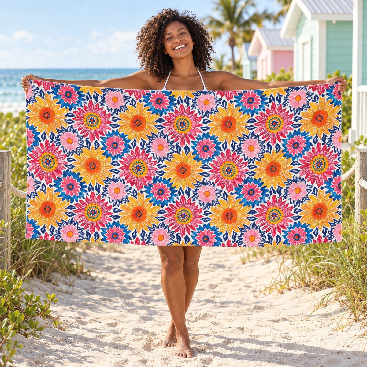 Sunsplash Petals beach towel, shown with an adult in a summer setting.