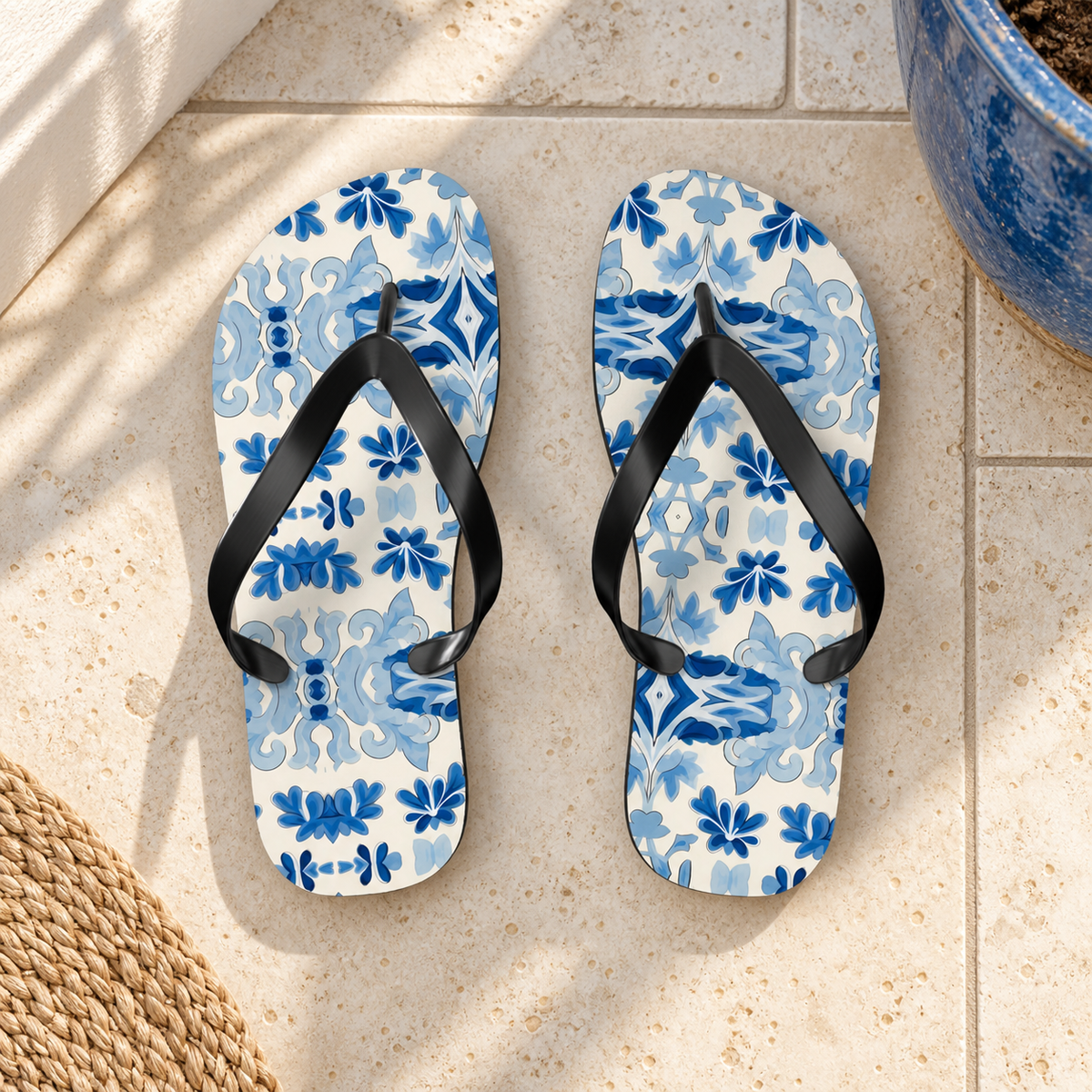 Blue Spanish Tile Flip Flops, product-only overhead view with the printed pattern clearly visible. Setting: cream coastal balcony tiles beside a blue ceramic pot edge.
