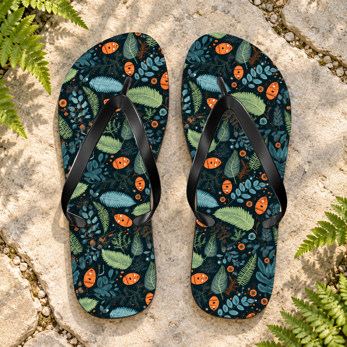 Mysterious Ferns Flip Flops, product-only overhead view with the printed pattern clearly visible. Setting: pale natural stone garden path with fern fronds at frame edge.