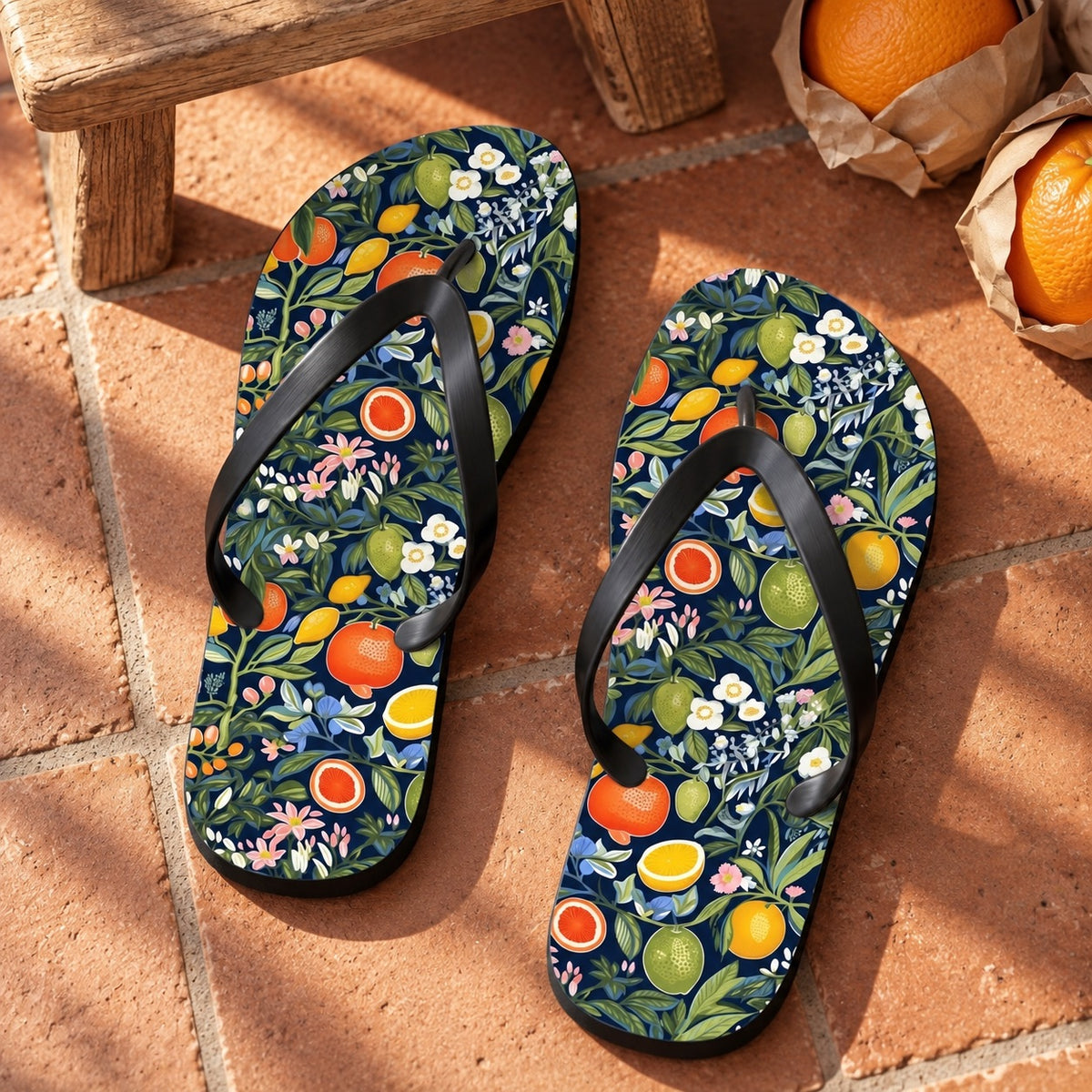 Magical Fruitiness Flip Flops. Lifestyle scene: Fruit-market holiday apartment; terracotta entry tiles, paper-wrapped oranges on bench, sunlight