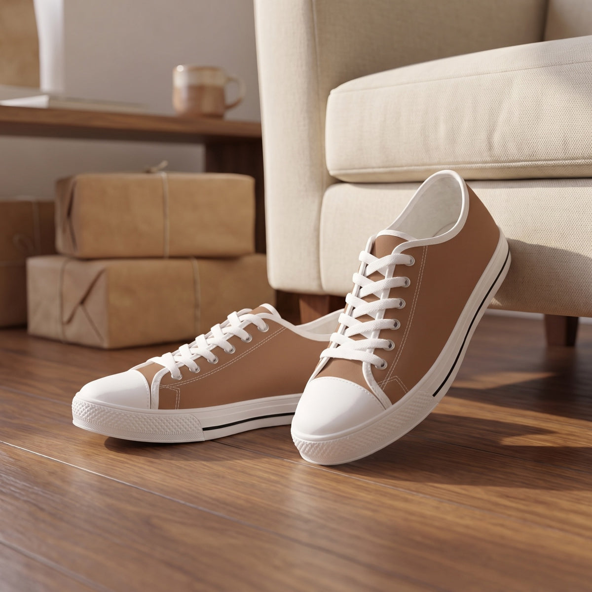 Cocoa Classic Ladies' Two-Tone Low Top Sneakers — Chocolate-shop café lounge; walnut floor, cream chair, soft brown paper parcels behind