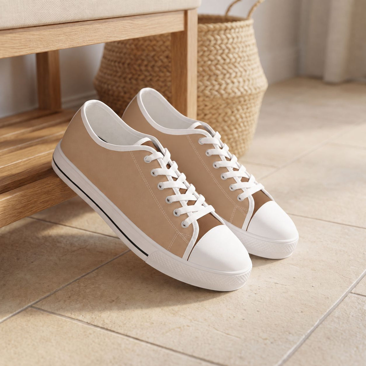 Sand Men's Two -Tone Low Top Sneakers. Lifestyle scene: Coastal holiday rental hallway; light sand-coloured tile, oak shoe bench, natural sisal basket