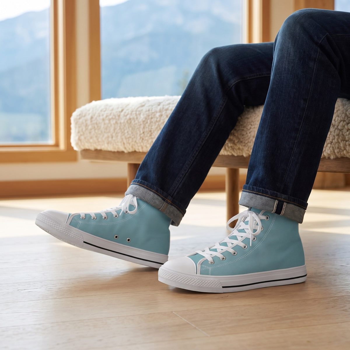 Glacial Ocean Men's Two-Tone High Top Sneakers. Lifestyle scene: Glacier-view lodge lounge; light ash floor, wool cushion on bench, blue mountain haze
