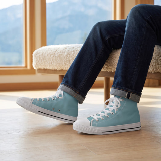 Glacial Ocean Men's Two-Tone High Top Sneakers. Lifestyle scene: Glacier-view lodge lounge; light ash floor, wool cushion on bench, blue mountain haze