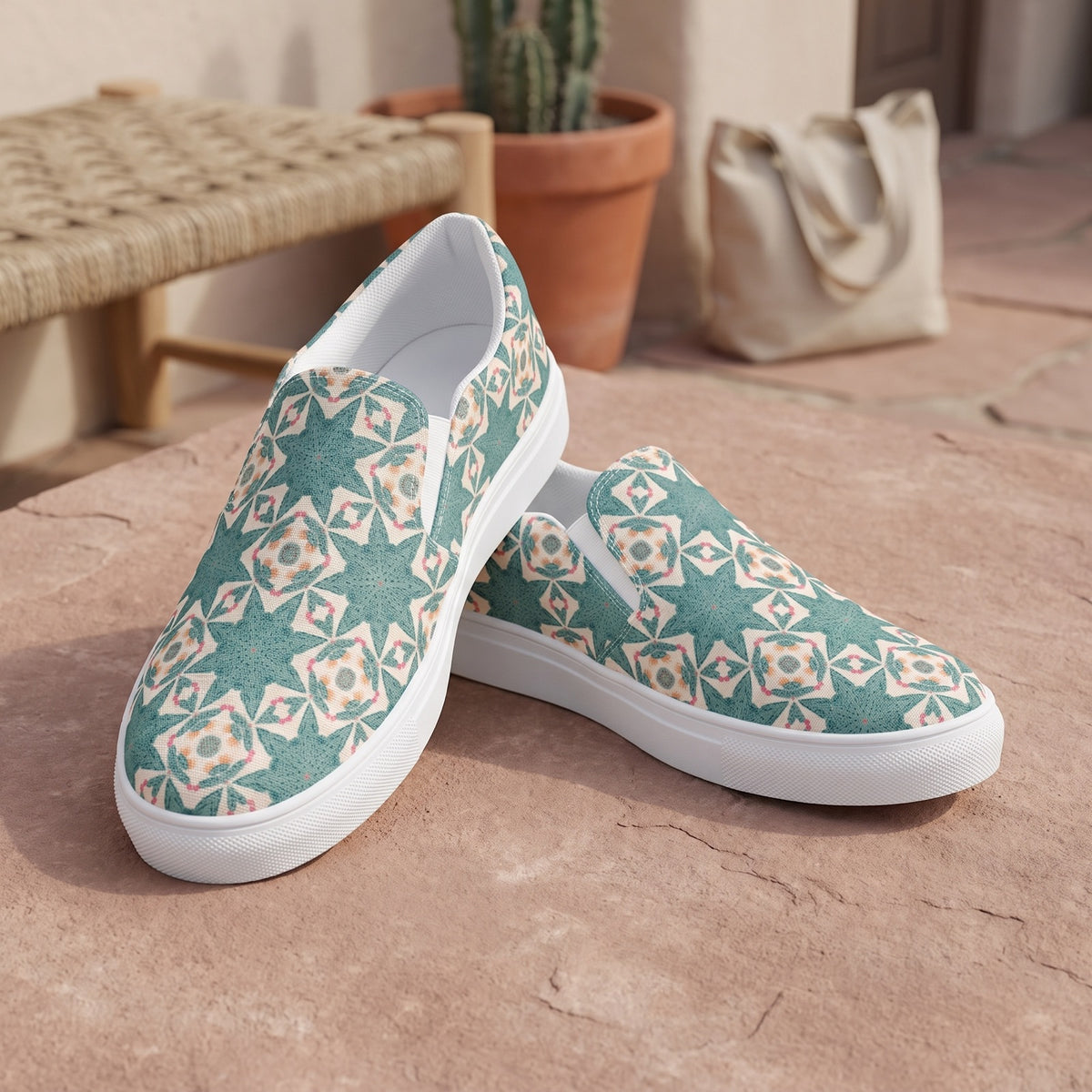 Desert Cactus Star Men’s Slip-On Canvas Shoes — A quiet adobe courtyard at breakfast time, a close product scene on dry rose sandstone by a shaded bench.