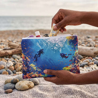 Small Cozumel Scuba Wonderland accessory pouch (8.35 × 5.98 inches) in use: woman's hand sets a tiny sunscreen tube into the pouch held above her bent knee. Lifestyle mockup with hands showing scale.