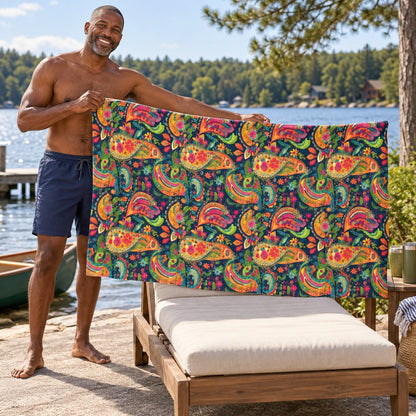 Psychedelic Paisley Party beach towel — additional lifestyle scene