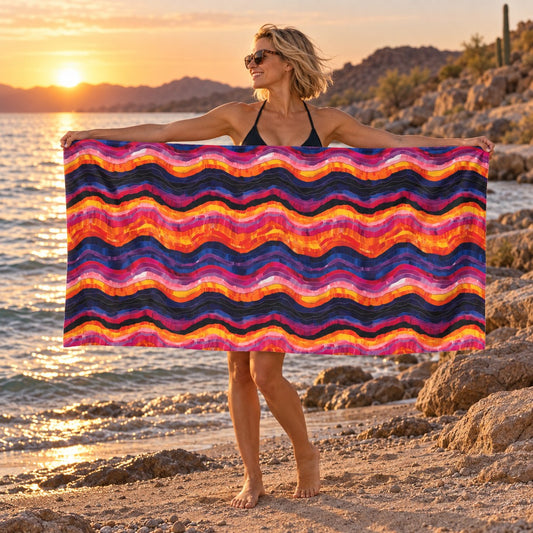 Desert Sunset Waves beach towel — additional lifestyle scene