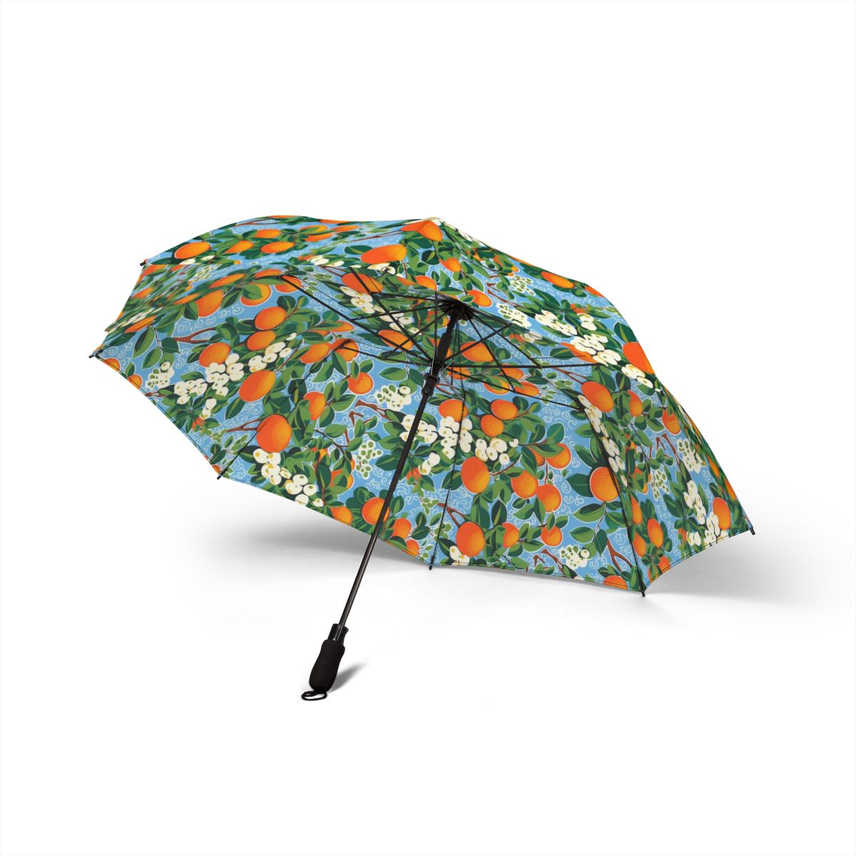 Citrus Blue Bliss foldable umbrella, open — side view