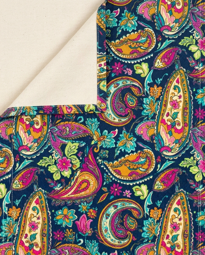 Psychedelic Paisley Party table runner close-up — cotton twill front with natural cotton reverse and hemmed edge