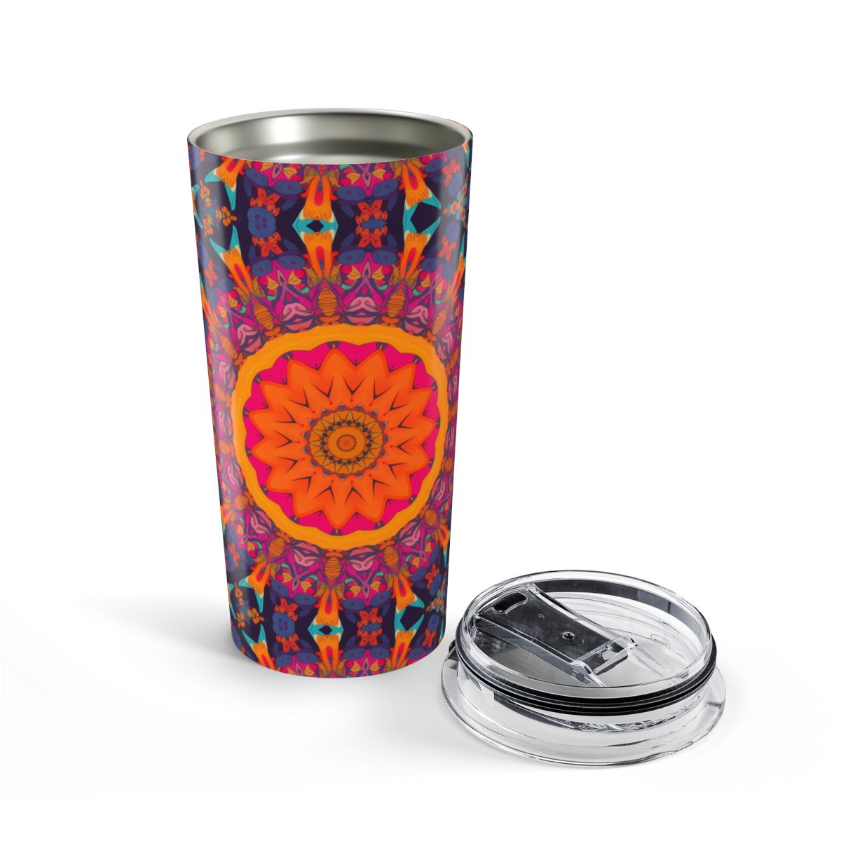 Fiery Mosaic Magic insulated tumbler opened view
