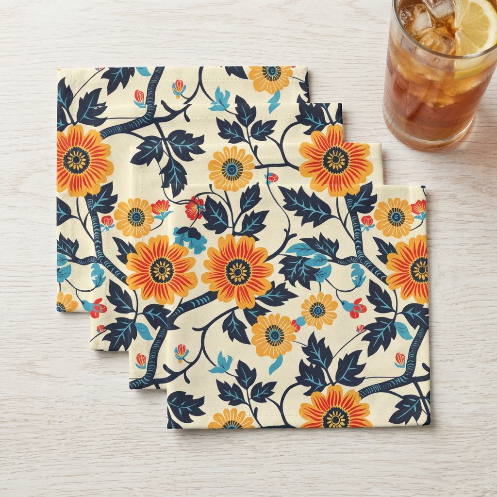 Four Golden Vine Tapestry cocktail napkins on light oak with an iced tea