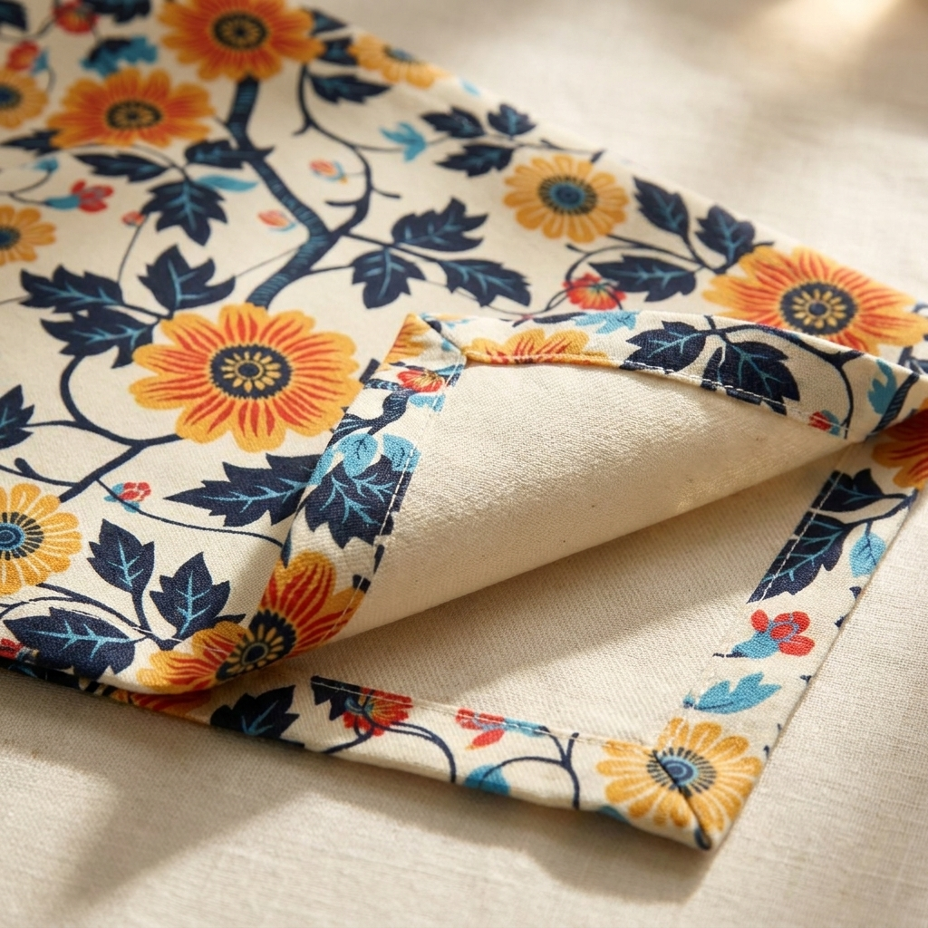 Golden Vine Tapestry cotton twill napkin close-up, hemmed corner folded back to show the plain cream reverse
