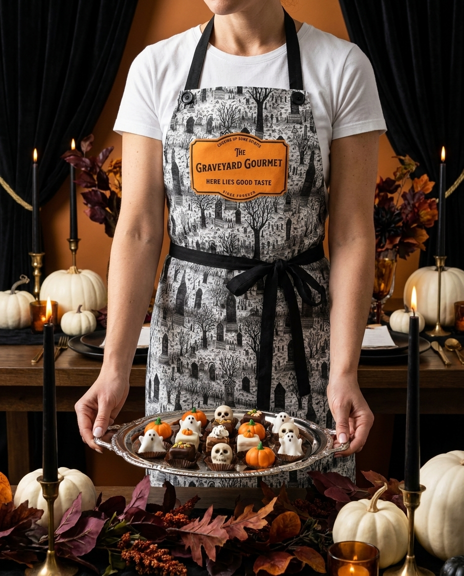 Graveyard Gourmet Spooky Gothic Halloween adult apron worn in a candlelit Victorian dining room — 100% premium polyester