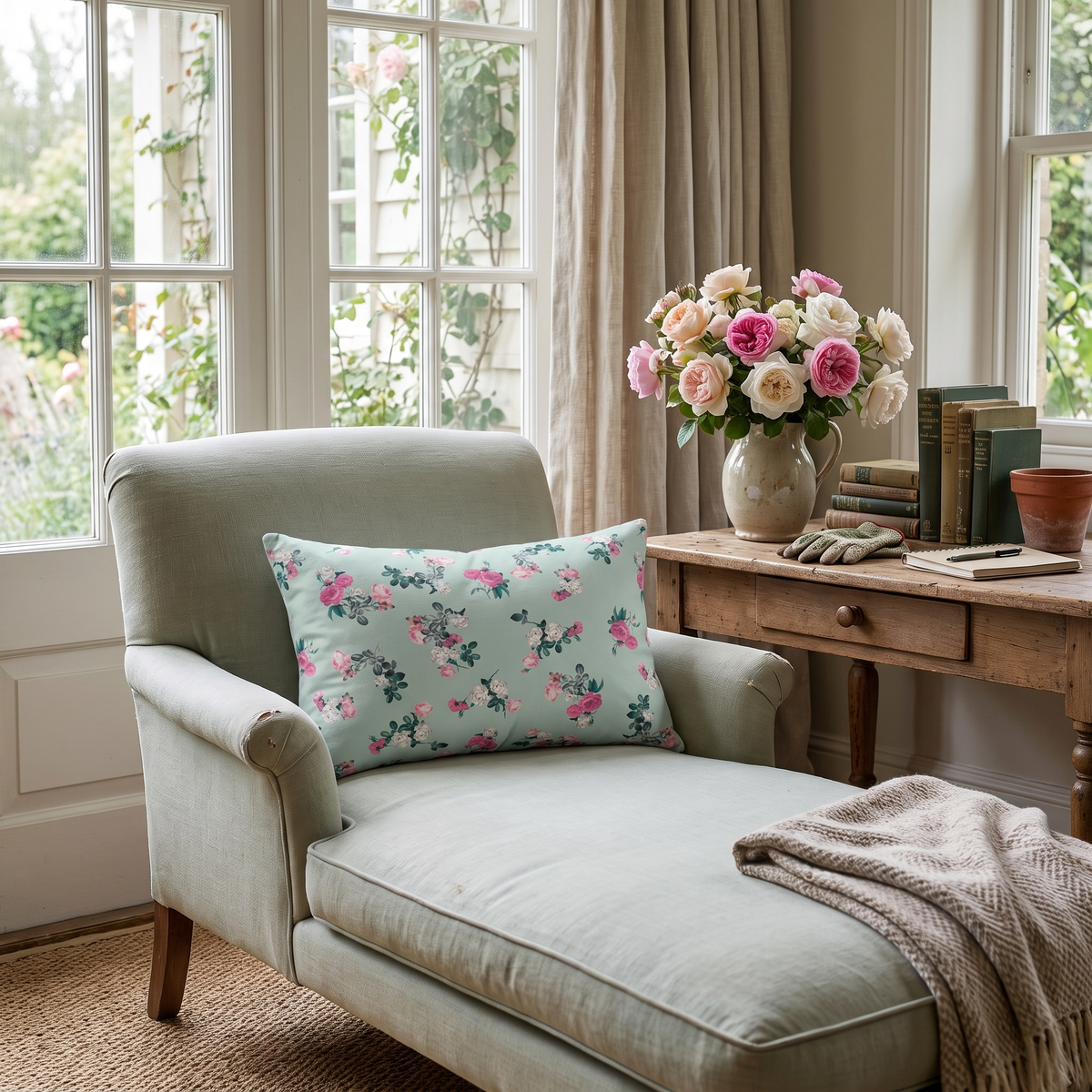 Delicate Rose Garden lumbar pillow in a styled room