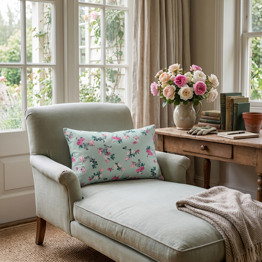 Delicate Rose Garden lumbar pillow in a styled room