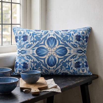 Dutch Blue Tile lumbar pillow in a styled room