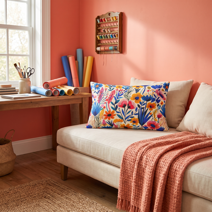 Happy Heartfelt Blooms lumbar pillow in a styled room