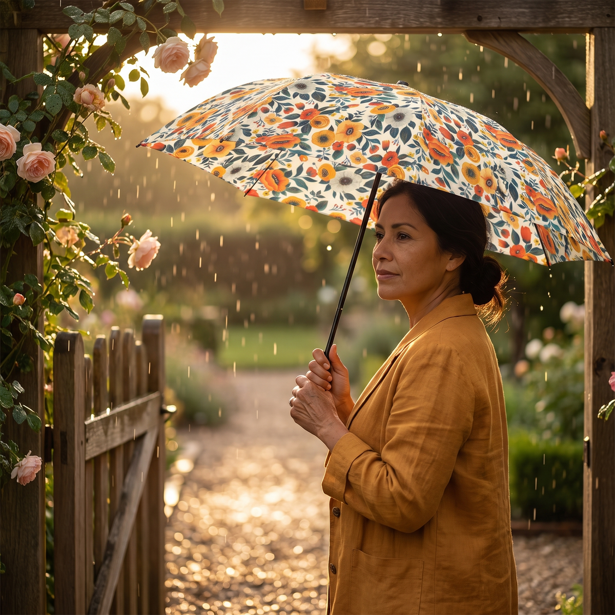 A woman pauses at a garden gate in golden-hour drizzle under the open Golden Bloom Harmony umbrella