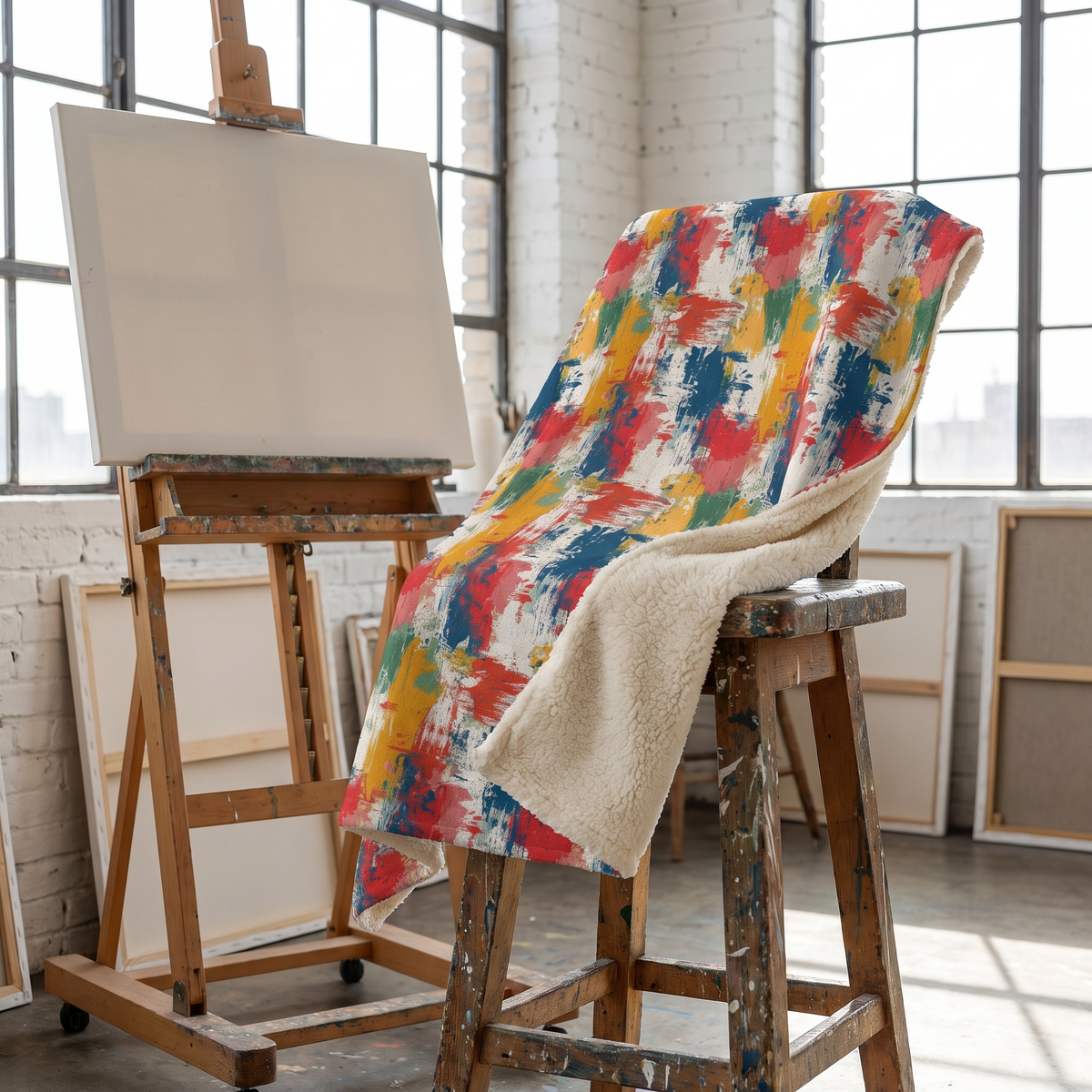 Paint Splash Palette sherpa fleece blanket on an artist's stool in a bright loft studio